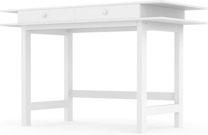 Double-Top Solid Wood Desk - 48-Inch Mid-Century Modern Writing Table with Drawers for Home Office, Study, and Creation, Rubberwood Computer Desk in White