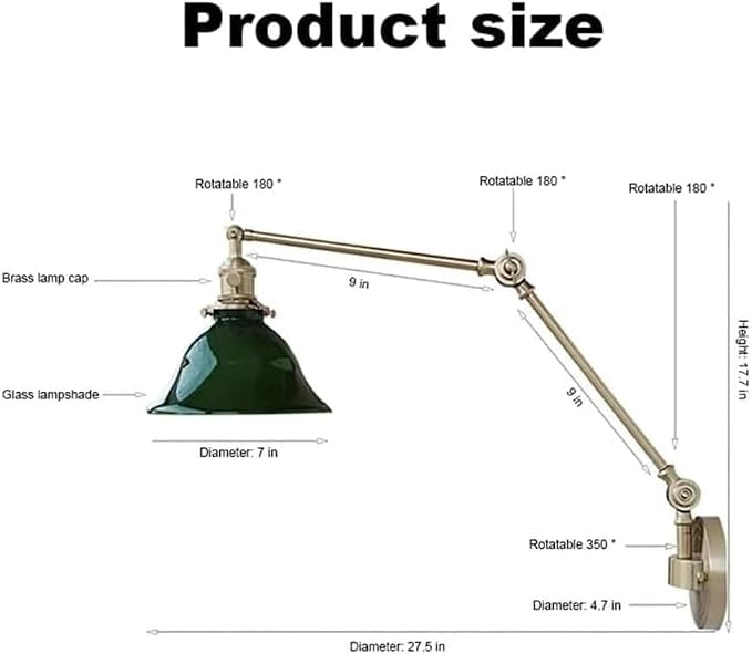 Adjustable Swing Arm Wall Lamp with Green Glass Shade, Brass Finish, Industrial Retro Style, Rotatable Wall Sconce for Bedroom Bedside Reading