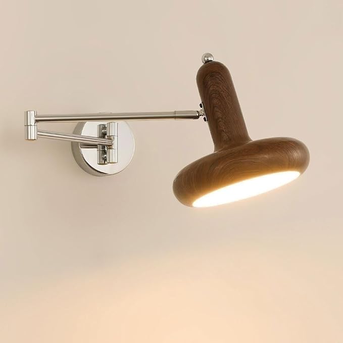 Industrial Retro Swing Arm Lamp - Walnut Folding Reading Light for Bedroom, Living Room, Study & Bedside Decor - Slish Log Grain Design, Perfect for Background Wall Illuminat