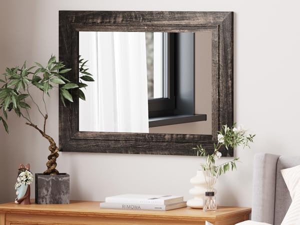 Rustic Wall-Mounted Vanity Mirror, Solid Wood Frame Bathroom Mirror, Farmhouse Style for Living Room, Bedroom, Entryway, Horizontal/Vertical Hanging