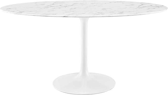 Modway Lippa 60" Oval-Shaped Mid-Century Modern Dining Table with Artificial Marble Top and White Base