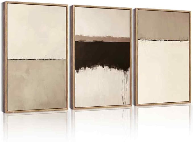 KUVIOKE Abstract Framed Canvas Wall Art Minimalist Beige Gray Pastel Watercolor Wall Decor Modern Illustration Neutral Art Painting for Bedroom Dining Room 16x24in (Natural Framed)