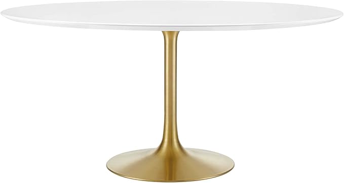 Modway Lippa 60" Mid-Century Modern Dining Table with Round White Top and Pedestal Base in Gold White