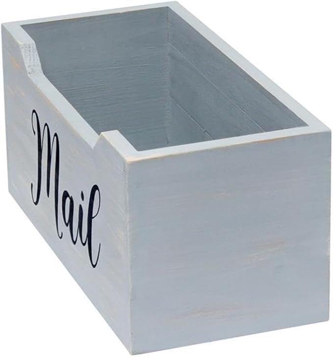 Elegant Designs HG2010-GMB Rustic Farmhouse Wooden Tabletop Black Script Word Mail Organizer Box, Letter Holder Office Accessories Décor, Gray Wash