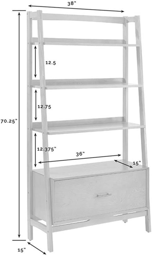 Pemberly Row 38" 4 Shelf Bookcase, Acorn Finish, MDF & Solid Hardwood, Mid-Century Modern Ladder Style, 70.25" H x 15" D, File Drawer & Metal Hardware, Storage for Home Office or Living Room