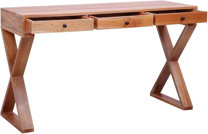 Solid Mahogany Wood Computer Desk with 3 Drawers, Rectangular Writing Table for Home Office, Medium Study Workstation, Stained Brown Finish
