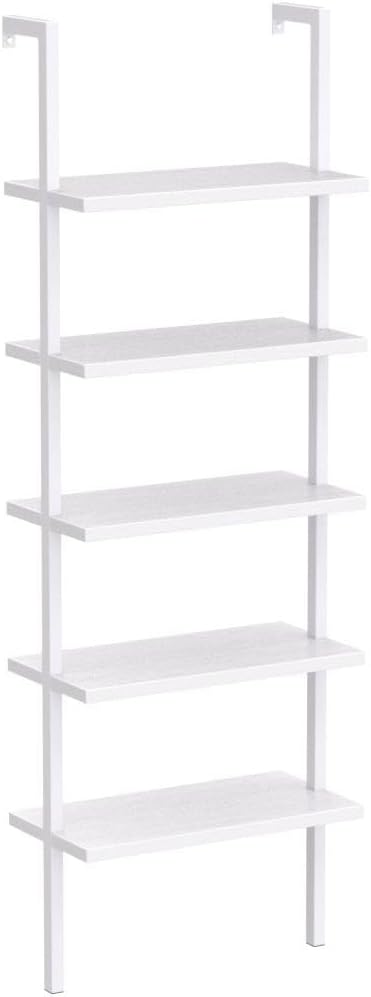 Karl home Ladder Shelf 5 Tier Wall Mounted Bookcase with Metal Frame, Open Design Shelves for Living Room, Bedroom, Home, Office, White (23.62" L x 11.81" W x 70.87" H)