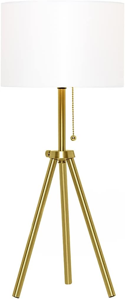 O’Bright Tripod Table Lamp, Adjustable in Height, 100% Metal Body with Linen Drum Shade, Bedside Lamp, Nightstand Lamp, Side Table Lamp for Living Room, Bedroom, Office, Antique Brass