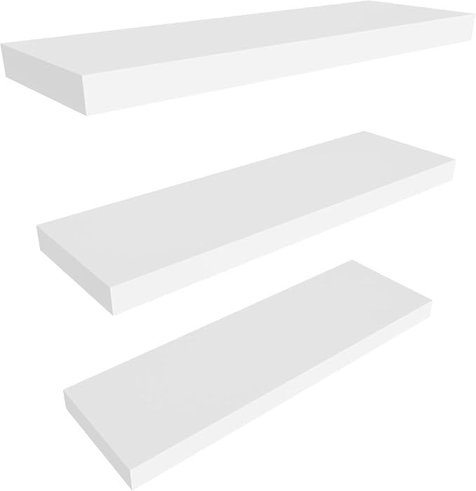Colima Floating Shelves for Wall, Hanging Shelf for Books, Storage, Room Decor, Rustic Wood Wall Mounted Shelves for Bathroom, Toilet, Bedroom, Living Room, Kitchen, Office, White, 24in, Set of 3