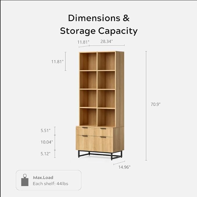 Fluted Bookshelves with Drawers Set of 2, 71" Tall Bookcases 4 Tier Display Cabinet Storage Floor Standing, Versatile Modern Large Book Shelf for Home Office Living Room (Natural Oak)