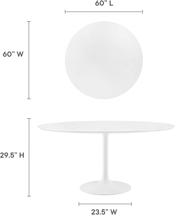 Modway Lippa 60" Mid-Century Modern Dining Table with Round Top and Pedestal Base in White