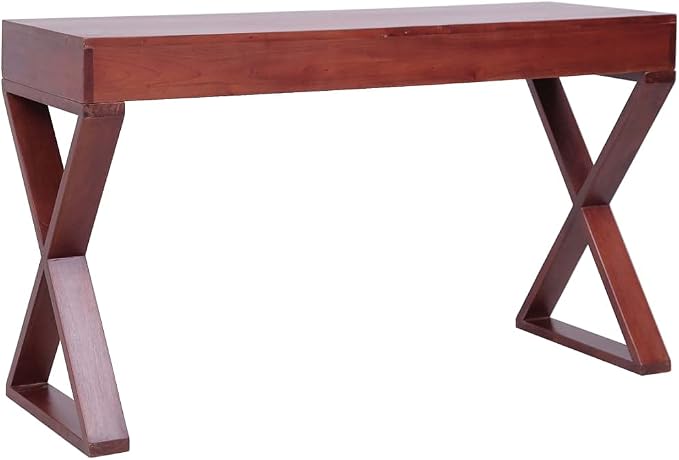 Solid Mahogany Wood Computer Desk with 3 Drawers, 45.3-inch Mid-Century Writing Table for Home Office, Bedroom, Study Desk with Cross-Legged Frame, Brown