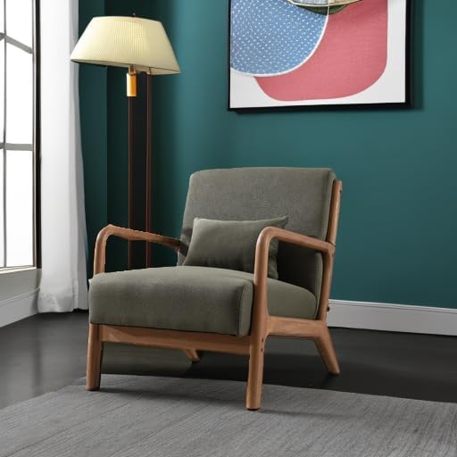 ANJ Mid Century Modern Accent Chair, Comfy Fabric Reading Chair with Solid Wood Frame, Easy Assembly Armchair for Living Room Blackish Green