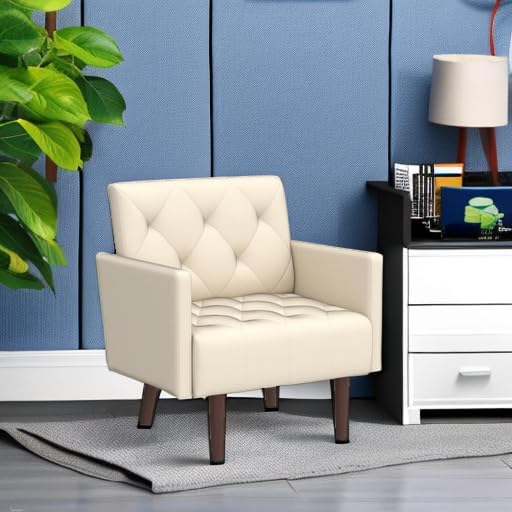 Faux Leather Accent Chair, Modern Retro Arm Chair for Living Room and Bedroom Tufted Upholstered Sofa Club Chair Comfy Armchair for Small Spaces Bedroom Office (Beige)