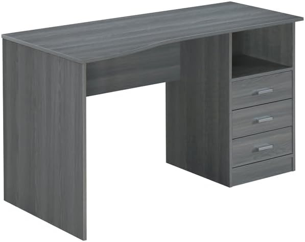 HomeStock Art Deco Dreams Classic Computer Desk with Multiple Drawers, Grey, Expansive Contoured Desktop, Three Drawers and Under Table Side Shelf for Storage, Heavy-Duty Particle Board