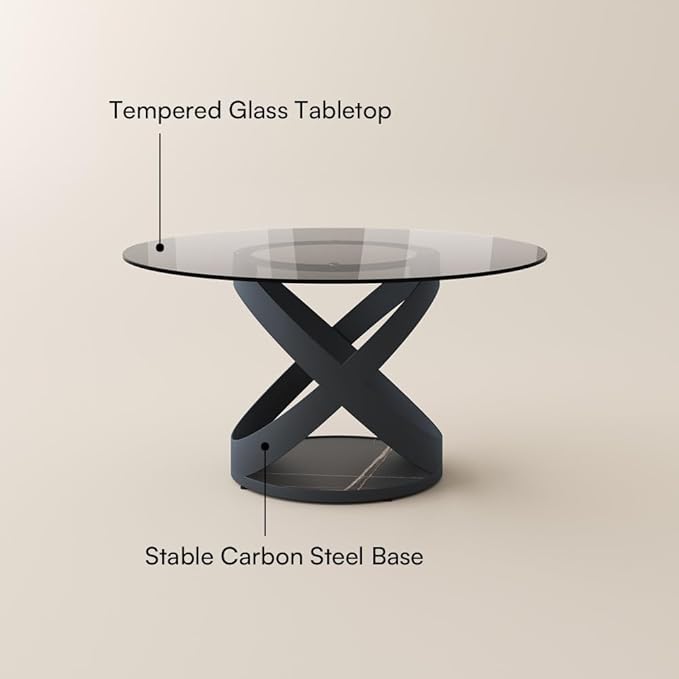 POVISON 51" Modern Round Dining Table, Glass Round Kitchen Table for 4, Tempered Glass Dining Room Table top with Black X Carbon Steel Base (Dining Table Only)