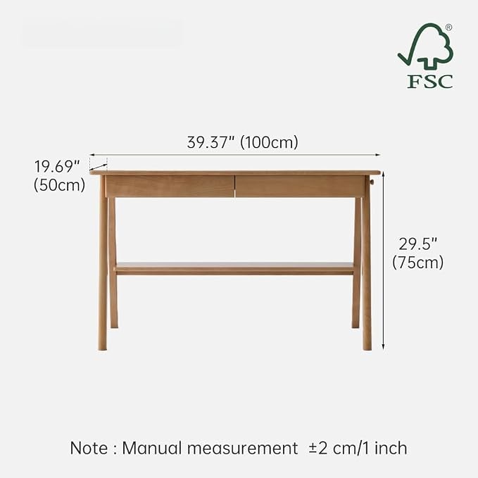 100% Solid Wood Desk with 2 Drawers, Home Office Computer Desk, Mid Century Modern Oak Desk for Study Writing 39" W