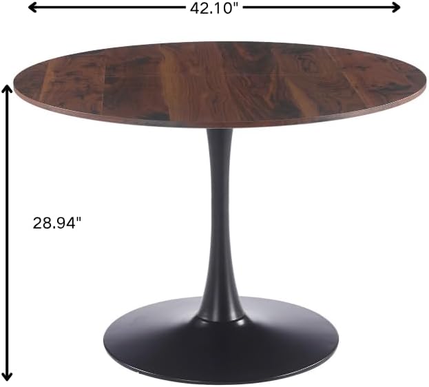 KEIKI 42.1" Round Dining Table, Mid Century Modern Bistro Table with Thickened MDF Tabletop & Metal Pedestal, for 4-6 People, Small Places, Cafe, Kitchen, Living Room, Walnut