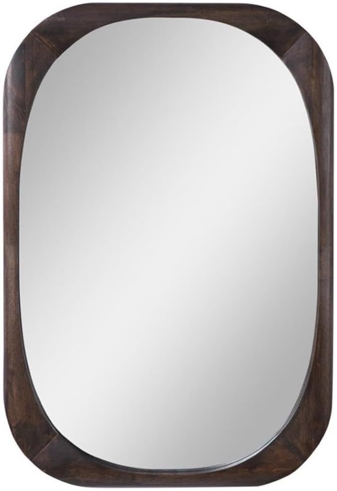 Allora Mid-Century Accent Mirror, 38" H x 26" W, Rubber Wood Frame, Dark Walnut Finish, Rounded Edges, Minimal Modern Design for Horizontal or Vertical Wall Hanging
