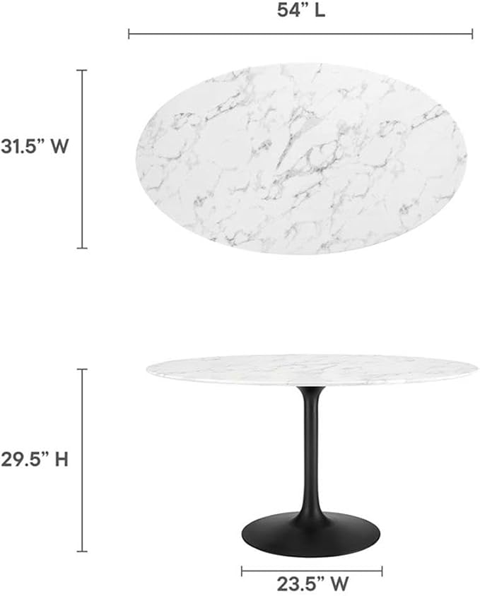 Modway Lippa 54" Oval-Shaped Mid-Century Modern Dining Table with Artificial Marble Top and Black Base