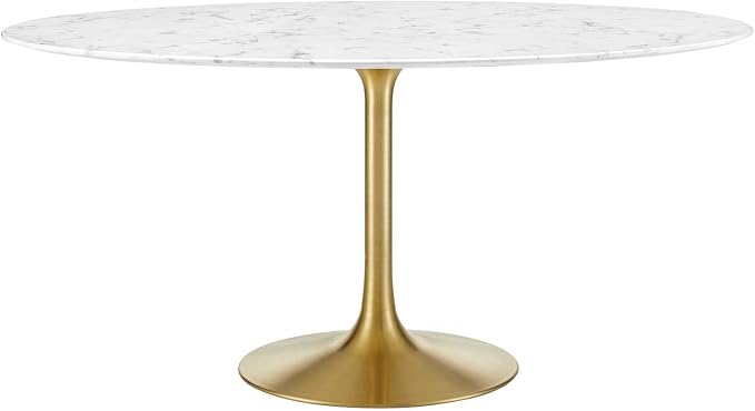Modway Lippa 60" Mid-Century Dining Table with Round Artificial Marble Top in Gold White