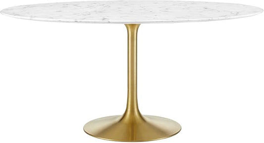 Modway Lippa 60" Mid-Century Dining Table with Round Artificial Marble Top in Gold White
