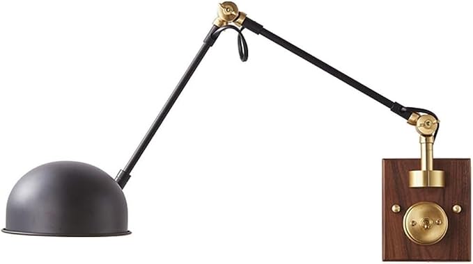 Retro Bedside Wall Lamp, E27 Swing Arm Wall Sconce Lighting Industrial Adjustable Antique Wooden Brass Wall Light Fixture, Metal Lampshade, for Bedroom Sofa