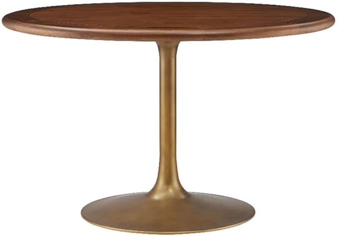 Modway Lippa 48 Inch Round Wood Dining Table with Metal Pedestal in Brass Walnut - Modern Industrial Dining Table for 4 People - Solid Wood Tulip Kitchen Table