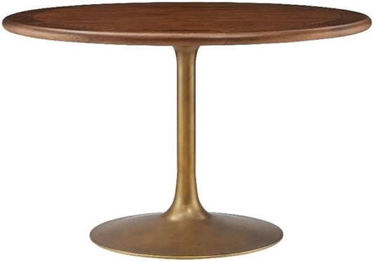Modway Lippa 48 Inch Round Wood Dining Table with Metal Pedestal in Brass Walnut - Modern Industrial Dining Table for 4 People - Solid Wood Tulip Kitchen Table