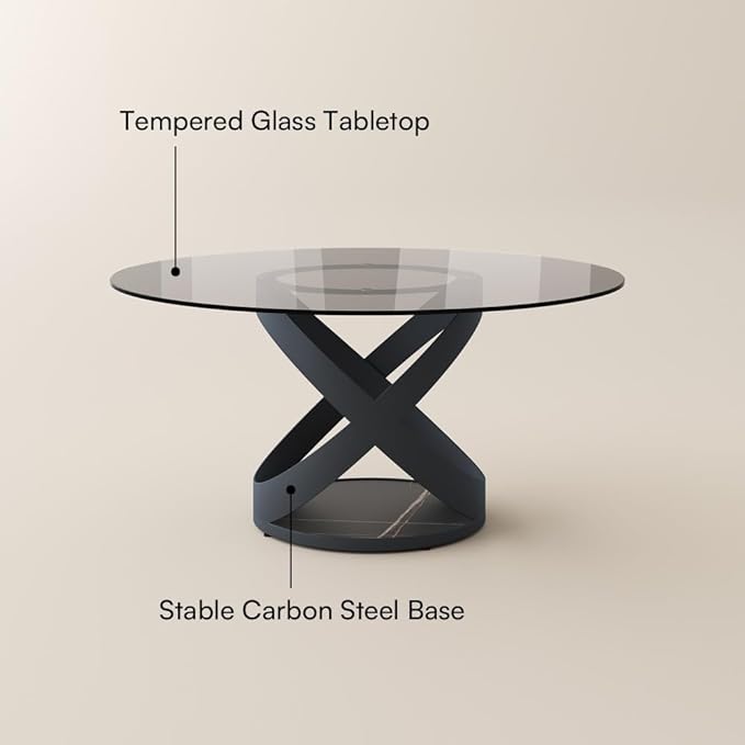 POVISON 59" Modern Round Dining Table, Glass Round Kitchen Table for 6, Tempered Glass Dining Room Table top with Black X Carbon Steel Base (Dining Table Only)