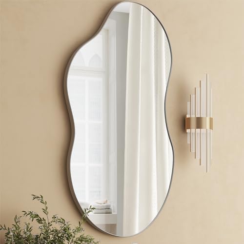 SHYFOY Large Decorative Wall Mirror Irregular, 43"x22" Silver Asymmetrical Mirrors for Wall Decor, Abstract Wavy Mirror Modern for Living Room Bathroom Bedroom Entryway
