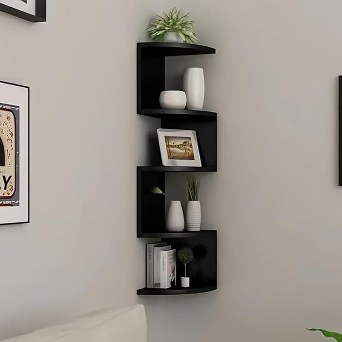 Corner Shelf Wall Mount, 5-Tier Floating Corner Bookshelf with Screw Mounting, Space-Saving Zigzag Plant Shelf for Bedroom, Living Room, Bathroom, Home Office, Black