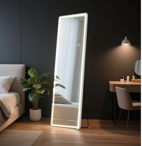 OLIXIS 16"x 60" LED Full Length Mirror with Lights, Standing Lighted Floor Full Body Mirror with 3 Color Lighting, Wall Mounted Mirrors for Bedroom, Home, Entryway with Tempered Glass