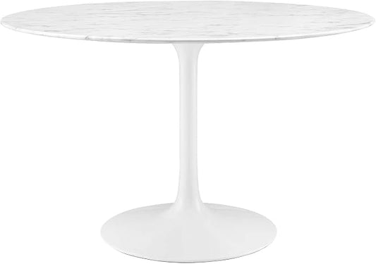 Modway Lippa 47" Mid-Century Dining Table with Round Artificial Marble Top in White