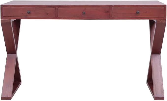 Solid Mahogany Wood Computer Desk with 3 Drawers, 45.3-inch Mid-Century Writing Table for Home Office, Bedroom, Study Desk with Cross-Legged Frame, Brown