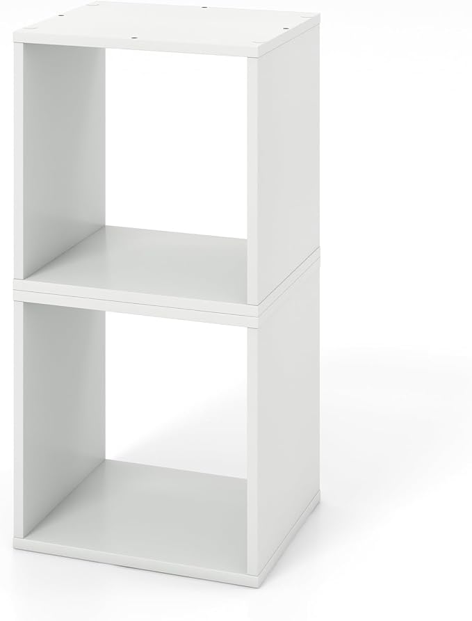 Giantex 2 Cube Bookshelf Organizer, 2-Tier Stackable Cube Storage Organizer, Small Wooden Open Book Shelf with Anti-toppling Device, Wood Floor Standing Display Shelving Bookcase, White