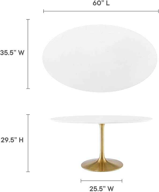 Modway Lippa 60" Oval-Shaped Mid-Century Modern Dining Table with White Wood Top and Gold Base
