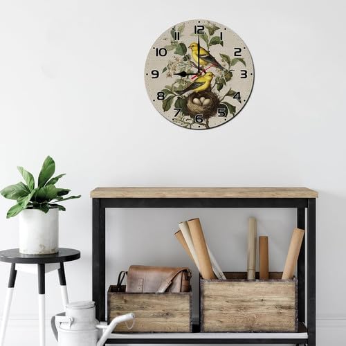 FemiaD Retro Bird Wall Clock 10inch Silent Non-Ticking Battery Operated Quartz Round Wooden Wall Clock Decorative for Kitchen Bedroom Living Room Home Decor