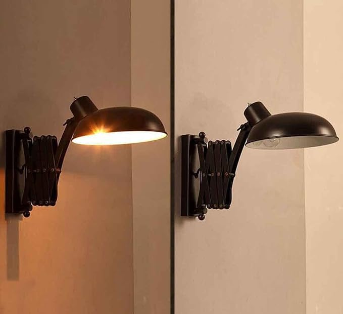 Retro Industry Teles Arm Wall Mount Lamp, Adjustable Swing Black Iron Light Sconce for Bedroom, Living Room Loft Fixture
