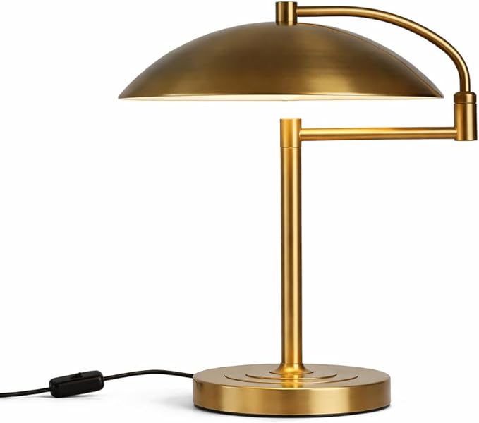Mid Century Modern Brass Desk Lamp – 1950s Vintage Table Lamp with Dome Shade, Adjustable Swivel Arm, Heavy Solid Base, Retro Bedside Reading Light for Office, Living Room, Bedroom (Raw Brass)