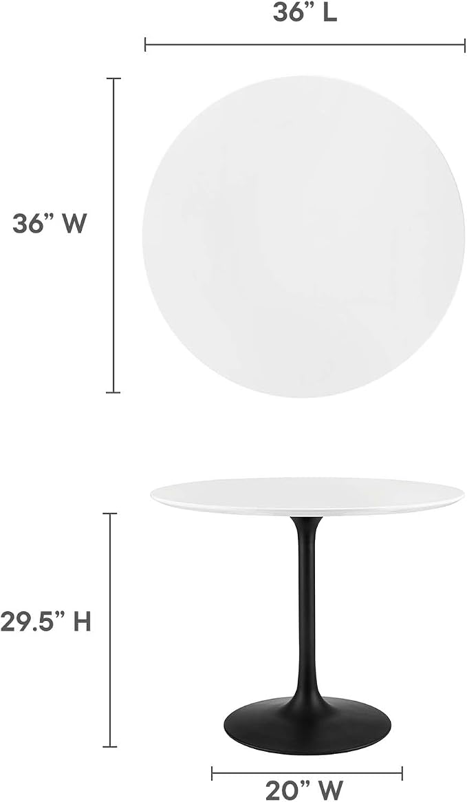 Modway Lippa 36" Round Wood Dining Table, White Top, Black Base