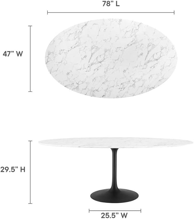 Modway Lippa 78" Oval-Shaped Mid-Century Modern Dining Table with Artificial Marble Top and Black Base