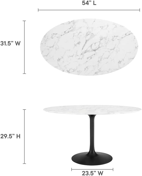 Modway Lippa 54" Oval-Shaped Mid-Century Modern Dining Table with Artificial Marble Top and Black Base