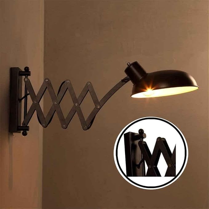 Retro Industry Teles Arm Wall Mount Lamp, Adjustable Swing Black Iron Light Sconce for Bedroom, Living Room Loft Fixture