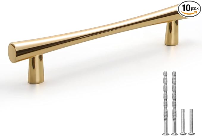 YAGU 10 Pack Bright Gold Solid Cabinet Pulls, 5 Inch Hole Center, Kitchen Drawer Handles Zinc Alloy Furniture Hardware for Bathroom Cupboard Dresser Wardrobe Closet, 6.6" Overall