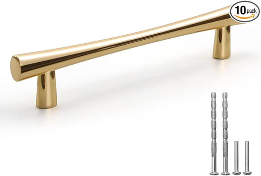 YAGU 10 Pack Bright Gold Solid Cabinet Pulls, 5 Inch Hole Center, Kitchen Drawer Handles Zinc Alloy Furniture Hardware for Bathroom Cupboard Dresser Wardrobe Closet, 6.6" Overall