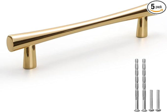 YAGU 5 Pack Polished Brass Solid Cabinet Pulls, 5 Inch Hole Center, Bright Gold Kitchen Drawer Handles Furniture Hardware for Bathroom Cupboard Dresser Closet Wardrobe, 6.6" Overall