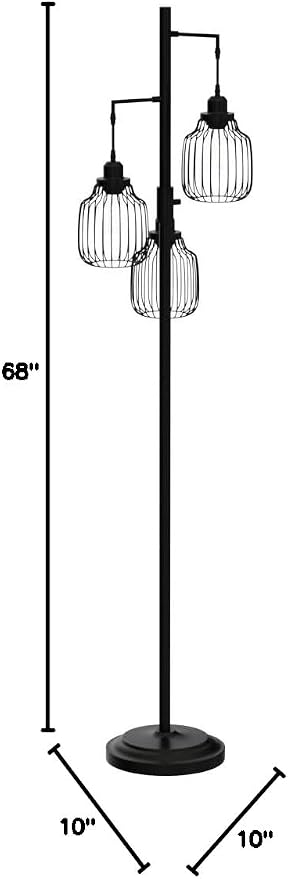 Dimmable Floor Lamp with 3 x 800LM LED Edison Bulbs,Tall Standing Lamp for Living Room,Farmhouse Black Corner Floor Lamp,Bright Industrial Rustic Vintage Tree Pole Light with Cage for Bedroom Office