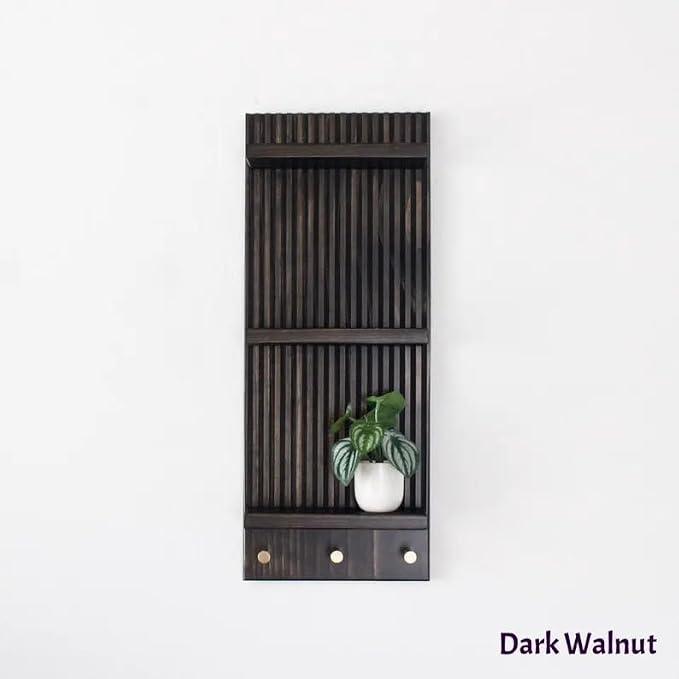 Mid‑Century Vertical Fluted Wall Shelf with Brass Knobs, 3‑Tier Dark Walnut Wood Wall‑Mount Organizer, Decorative Floating Display Rack for Plants Jewelry Home Decor