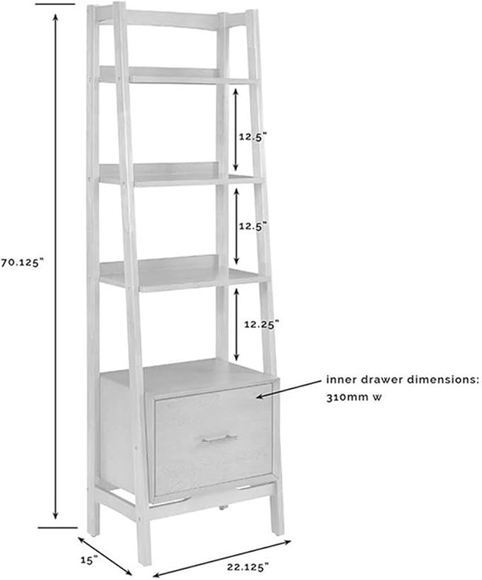 Allora 25" 4 Shelf Ladder Bookcase, Acorn Finish, MDF and Solid Hardwood, 70.13" H x 22.13" W x 15.13" D, Mid-Century Modern Style, Drawer and Fixed Shelves, Home Office or Living Room Storage